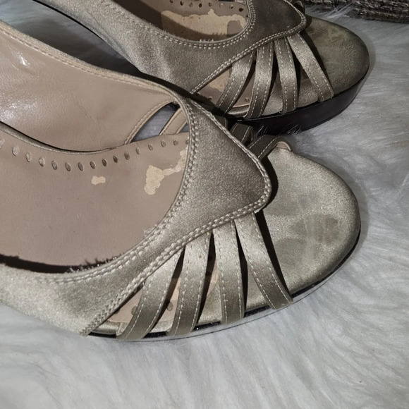 Stella McCartney Taupe Silk Wooden Heel Platform Pumps EU 38 - Picture 6 of 16